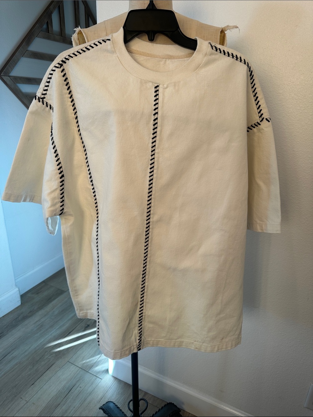Men's Cream Short-Sleeve Stitch-Detail shirt